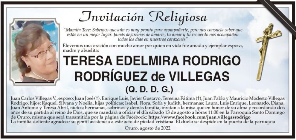 Invitación Religiosa: Teresa Edelimira Rodrigo Rodríguez