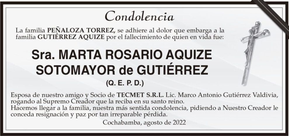 Condolencia por el fallecimiento de Marta Rosario Aquize Sotomayor