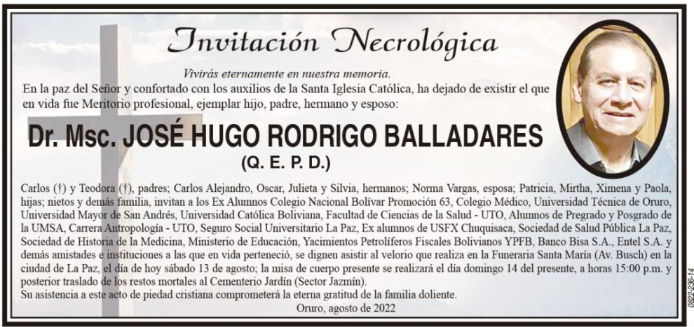 Invitación Necrológica: Dr. Msc. José Hugo Rodrigo Balladares