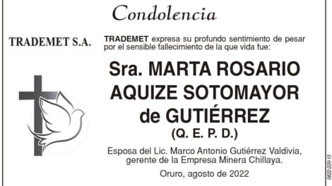 Condolencia por el fallecimiento de Marta Rosario Aquize Sotomayor
