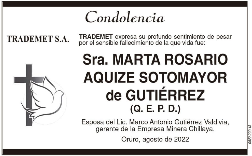 Condolencia por el fallecimiento de Marta Rosario Aquize Sotomayor