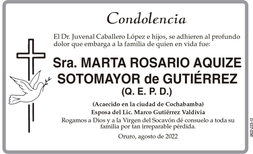 Condolencia por la Sra. Marta Rosario Aquize Sotomayor