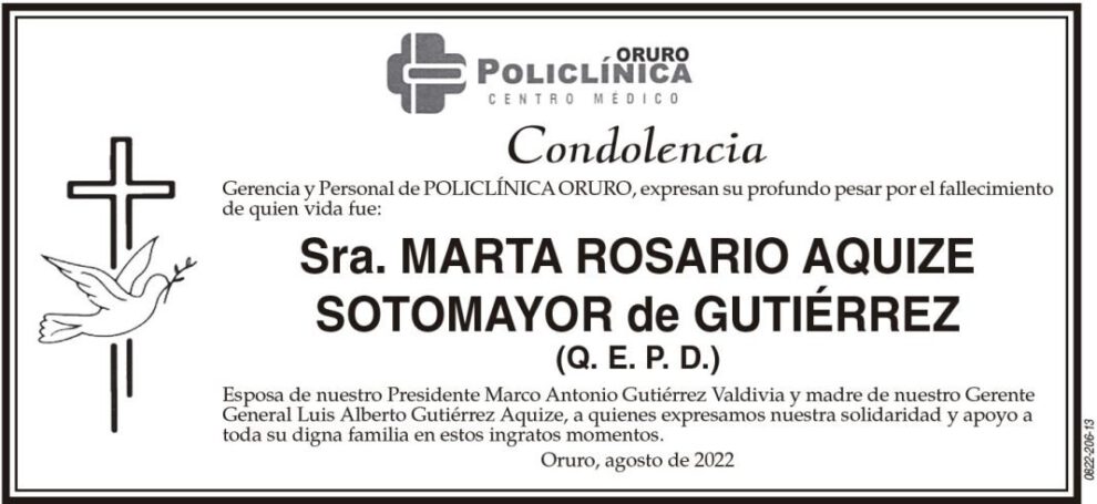 Condolencia por el fallecimiento de Marta Rosario Aquize Sotomayor