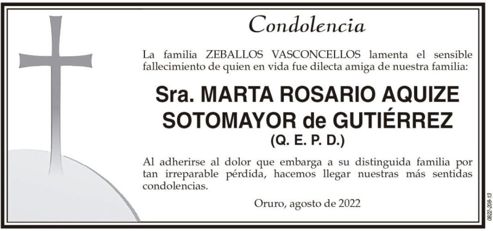 Condolencia por el fallecimiento de Marta Rosario Aquize Sotomayor