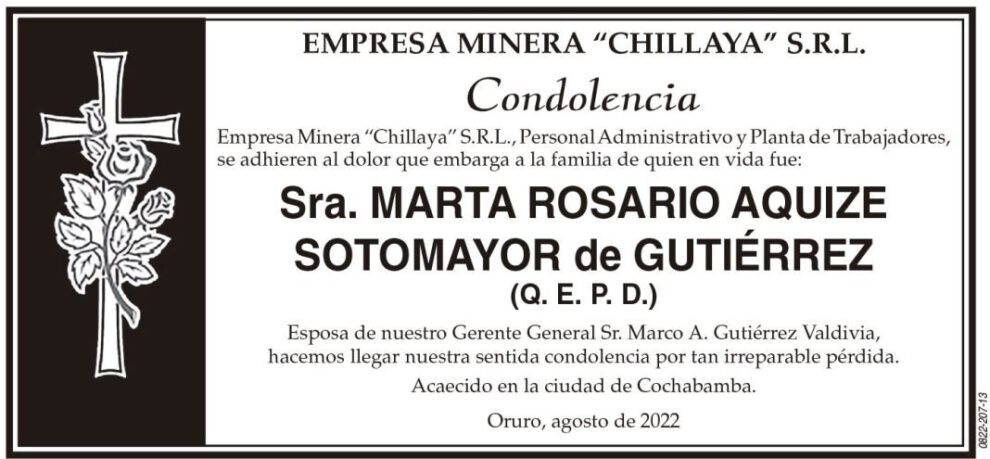 Condolencia por la Sra. Marta Rosario Aquize Sotomayor