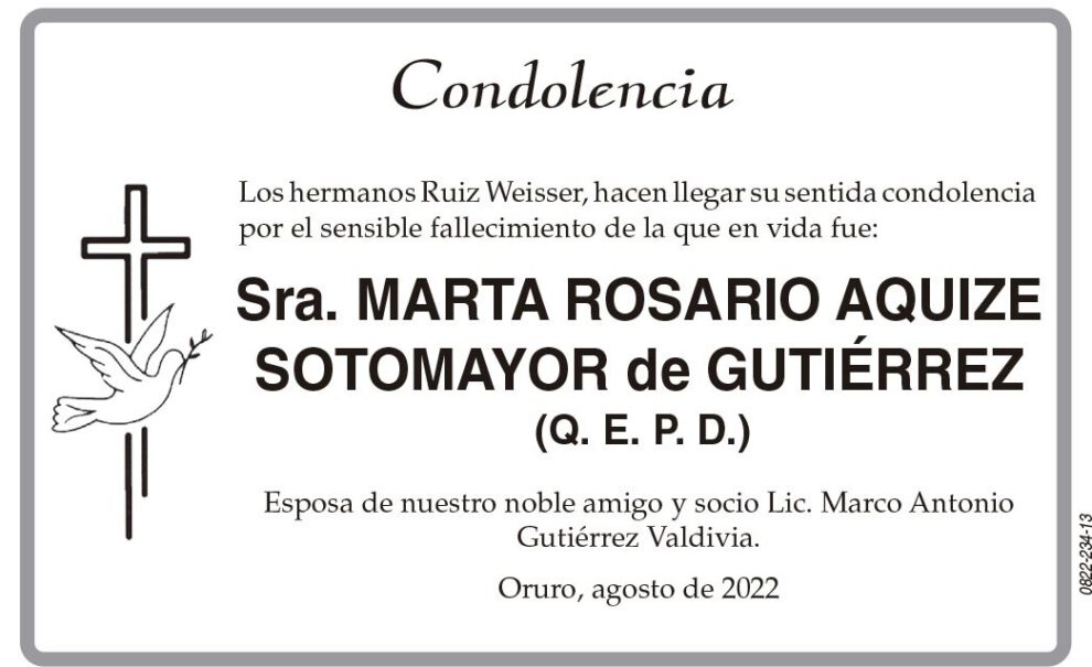 Condolencia por el fallecimiento de Marta Rosario Aquize Sotomayor