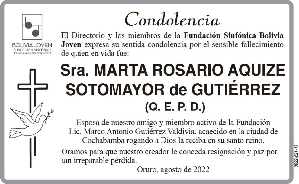 Condolencia por el fallecimiento de Marta Rosario Aquize Sotomayor