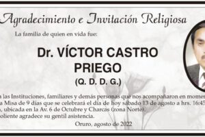 Agradecimiento e Invitación Religiosa: Dr. Víctor Castro Priego