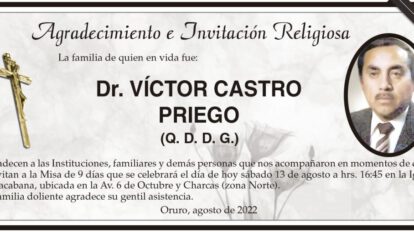 Agradecimiento e Invitación Religiosa: Dr. Víctor Castro Priego