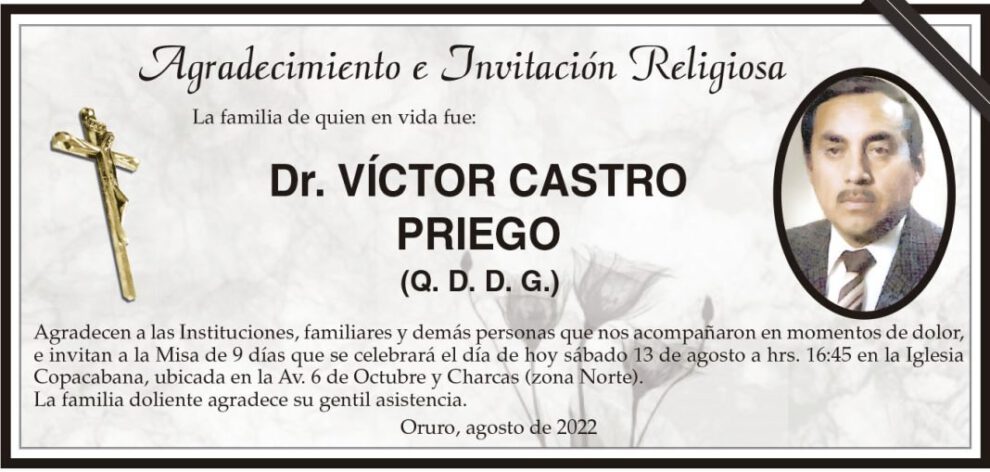 Agradecimiento e Invitación Religiosa: Dr. Víctor Castro Priego