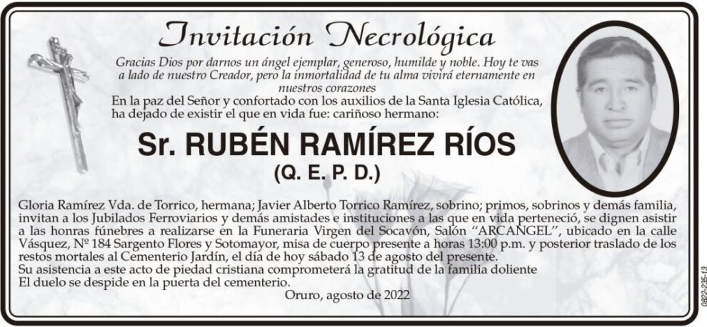 Invitación Necrológica: Sr. RUBÉN RAMÍREZ RÍOS