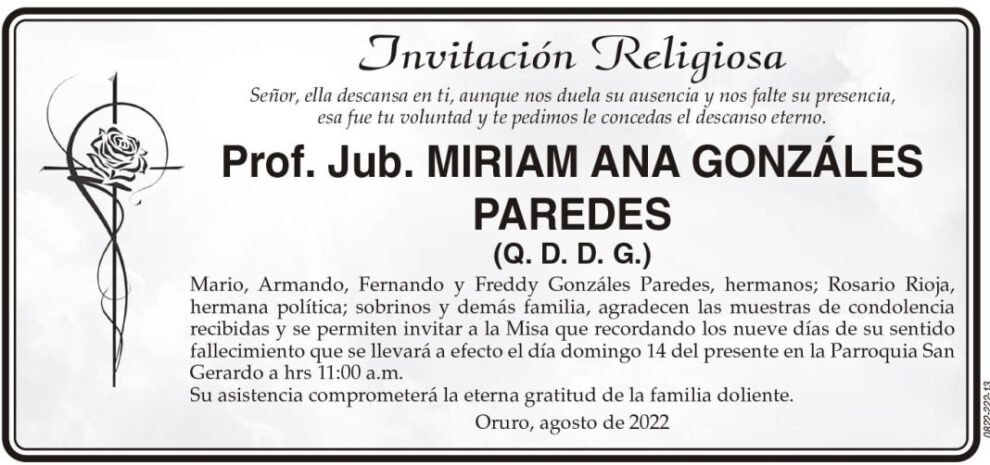 Prof. Jub. Miriam Ana Gonzáles Paredes Q. D. D. G.
