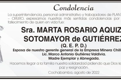 Condolencias por el fallecimiento de Marta Rosario Aquize Sotomayor