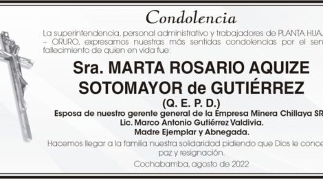 Condolencias por el fallecimiento de Marta Rosario Aquize Sotomayor