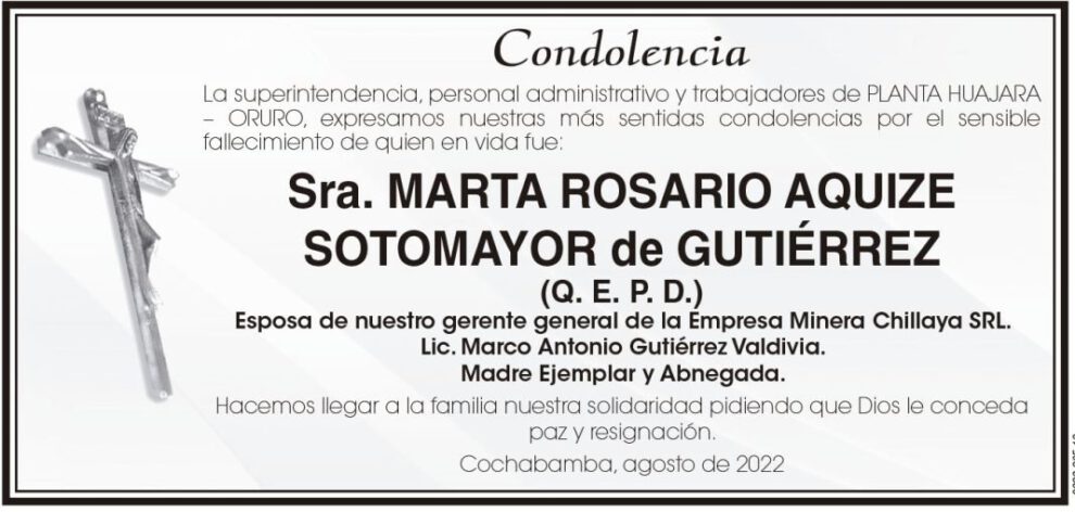 Condolencias por el fallecimiento de Marta Rosario Aquize Sotomayor