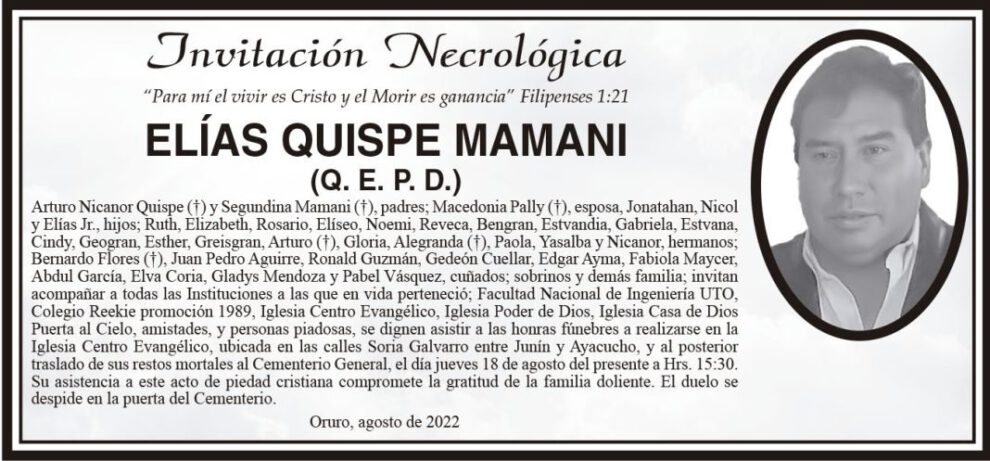 Invitación Necrológica: Elías Quispe Mamani
