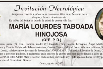 Invitación Necrológica de María Lourdes Taboada Hinojosa