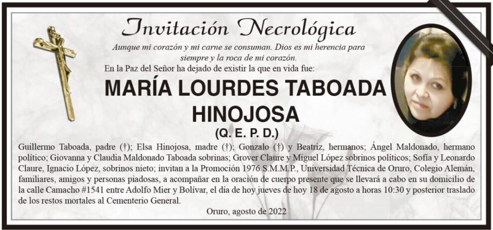 Invitación Necrológica de María Lourdes Taboada Hinojosa