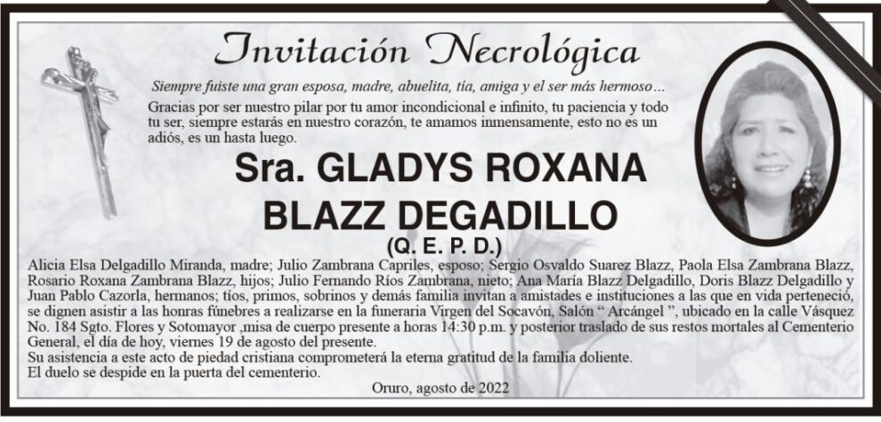 Invitación Necrológica: Gladys Roxana Blazz Degadillo