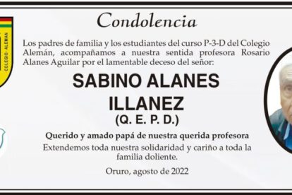 Condolencia por el deceso de Sabino Alanes Illanez