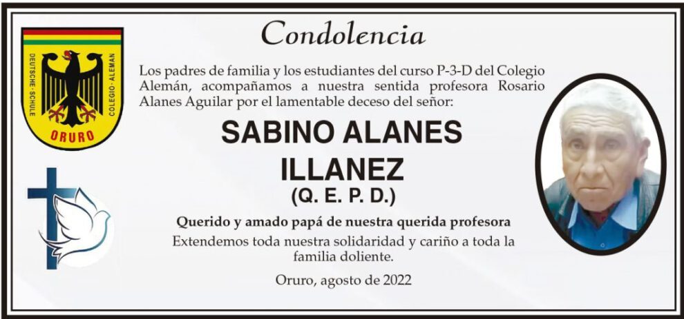 Condolencia por el deceso de Sabino Alanes Illanez