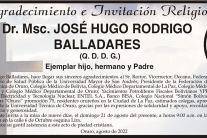 Agradecimiento e Invitación Religiosa por José Hugo Rodrigo Balladares