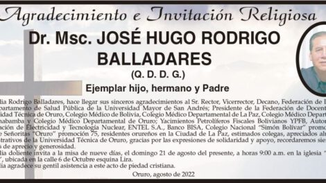 Agradecimiento e Invitación Religiosa por José Hugo Rodrigo Balladares