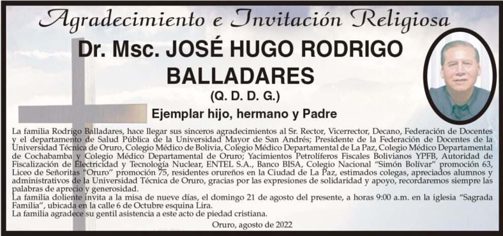 Agradecimiento e Invitación Religiosa por José Hugo Rodrigo Balladares