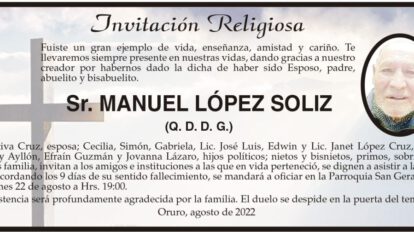 Invitación Religiosa en memoria de Manuel López Soliz