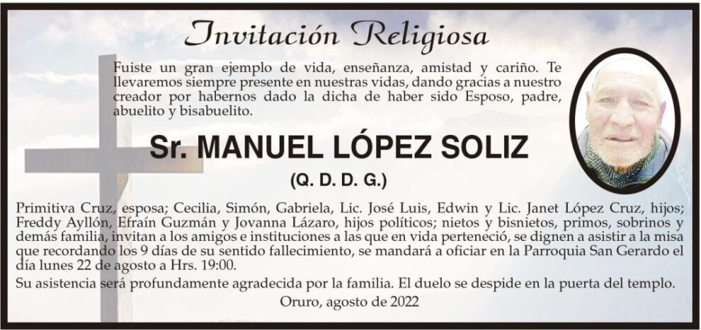 Invitación Religiosa en memoria de Manuel López Soliz