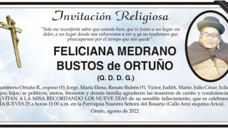 Invitación Religiosa para FELICIANA MEDRANO BUSTOS de ORTUÑO
