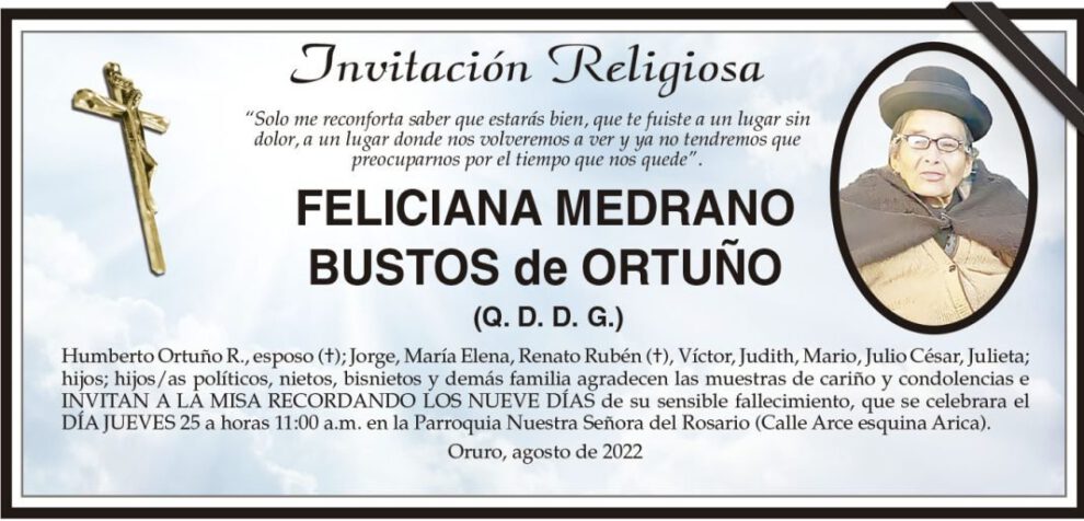 Invitación Religiosa para FELICIANA MEDRANO BUSTOS de ORTUÑO