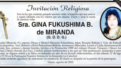 Invitación Religiosa en memoria de Gina Fukushima