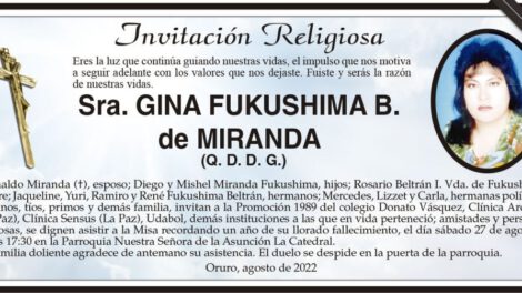 Invitación Religiosa en memoria de Gina Fukushima