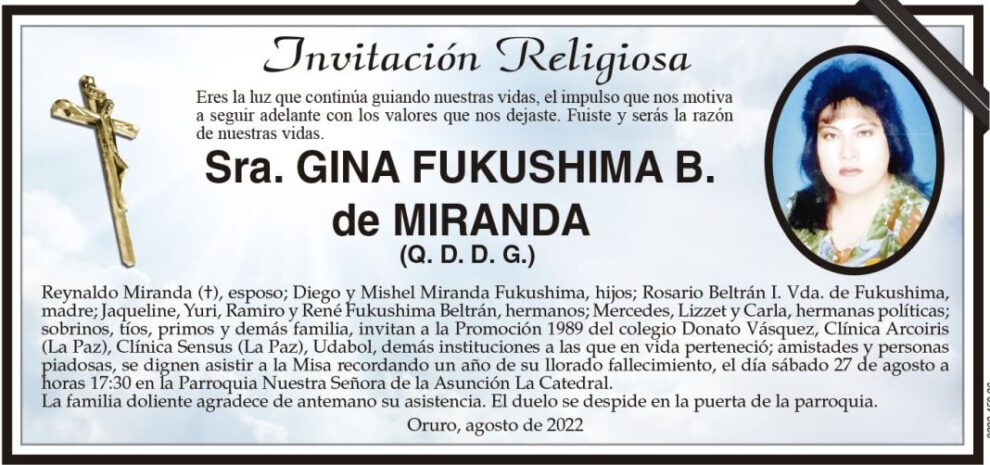 Invitación Religiosa en memoria de Gina Fukushima