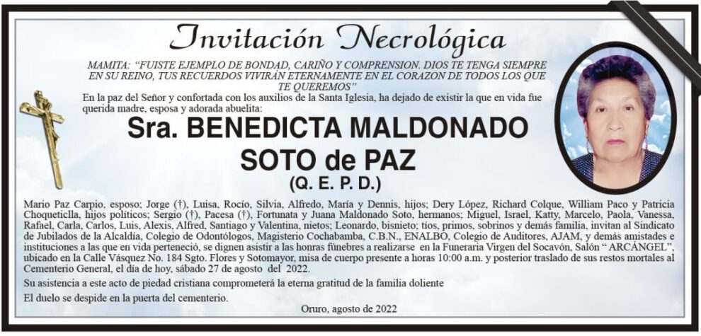 Invitación Necrológica de Benedicta Maldonado Soto