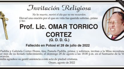 Invitación Religiosa para Prof. Lic. Omar Torrico Cortez
