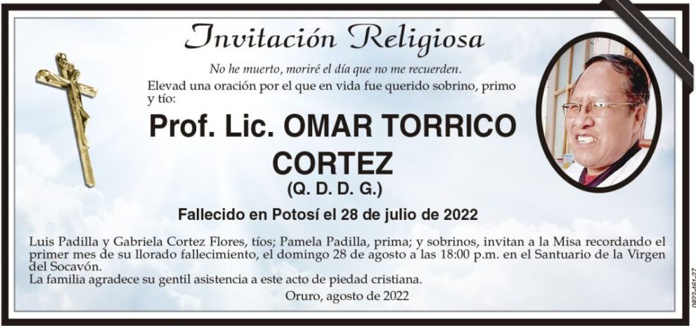 Invitación Religiosa para Prof. Lic. Omar Torrico Cortez