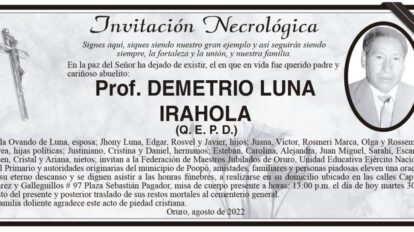 Invitación Necrológica: Prof. Demetrio Luna Irahola