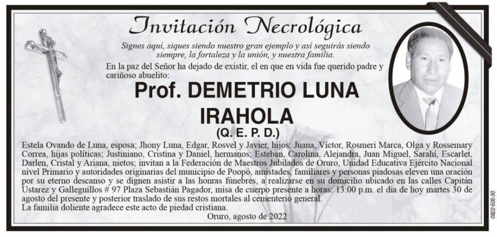 Invitación Necrológica: Prof. Demetrio Luna Irahola