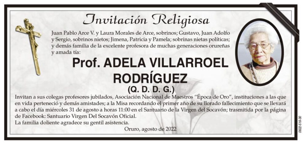 Prof. Adela Villarroel Rodríguez Misa recordatoria