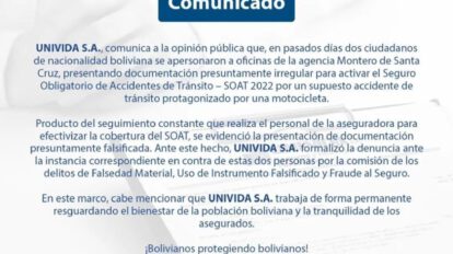 El comunicado de Univida sobre el SOAT falso