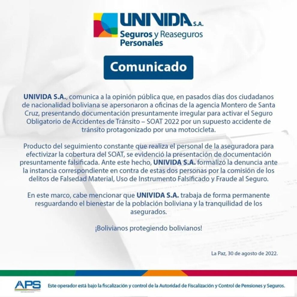 El comunicado de Univida sobre el SOAT falso