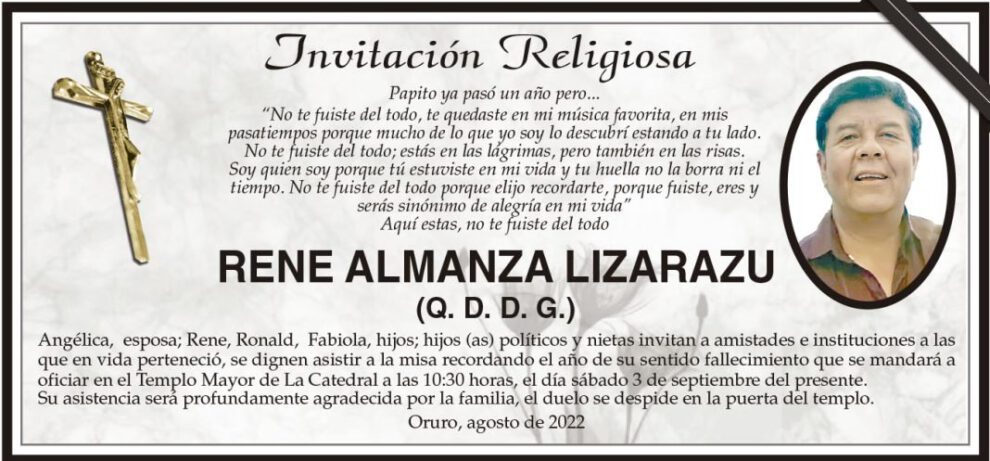 Rene Almanza Lizarazu, invitación religiosa en su memoria