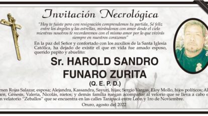 Invitación Necrológica para Harold Sandro Funaro Zurita