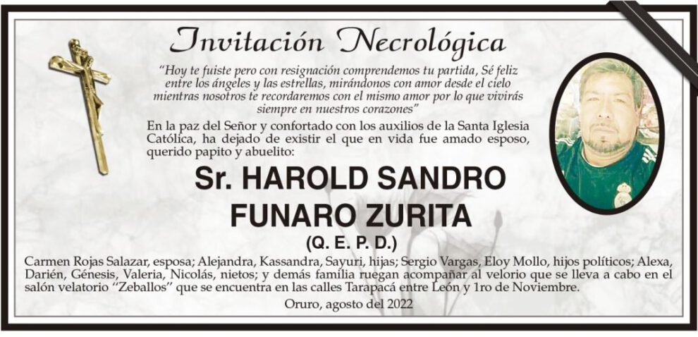 Invitación Necrológica para Harold Sandro Funaro Zurita