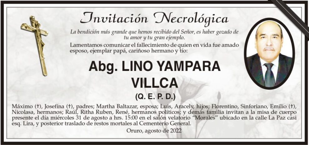 Invitación Necrológica: Abg. Lino Yampara Villca (Q. E. P. D.)
