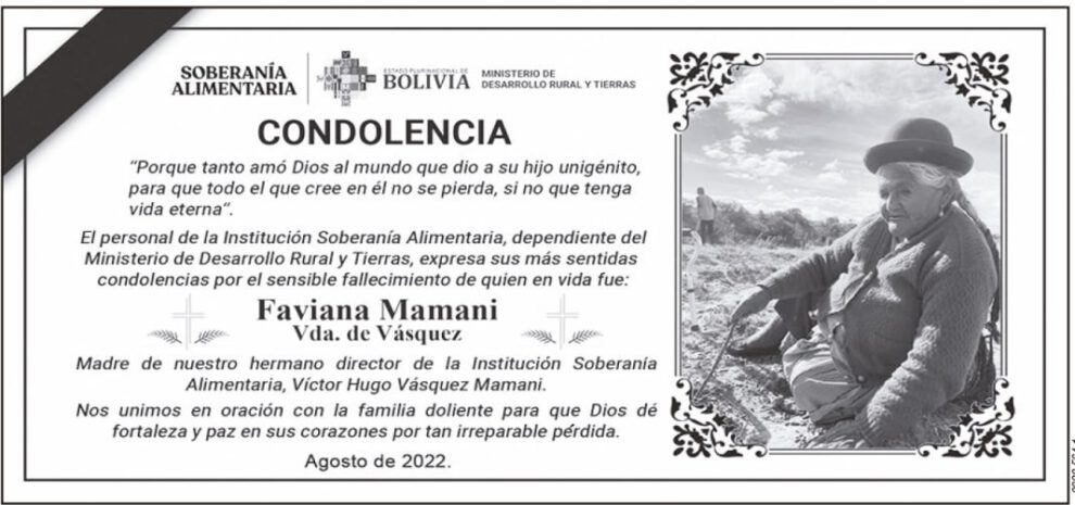 Condolencia por Faviana Mamani Vda. de Vásquez
