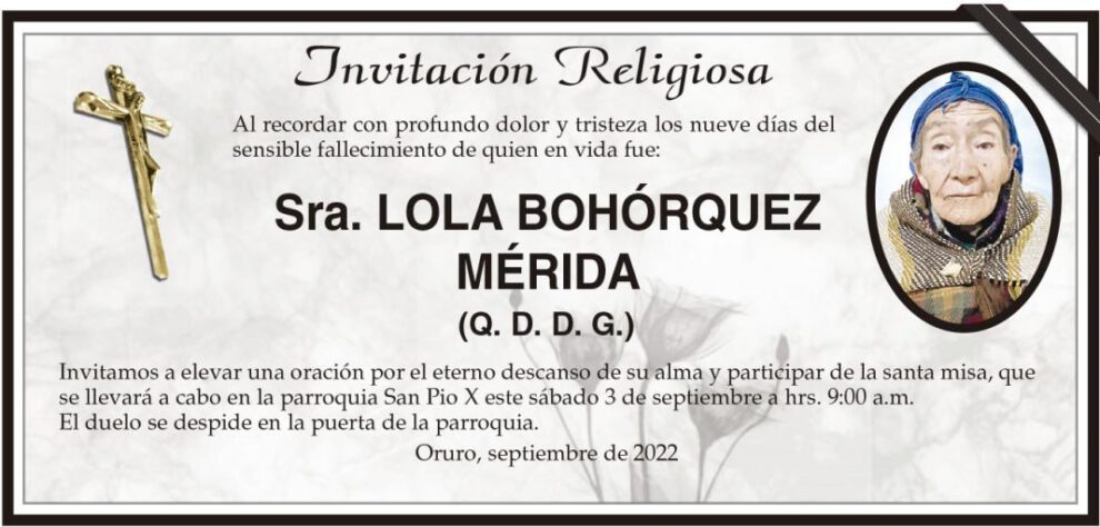 Invitación Religiosa para Lola Bohórquez Mérida