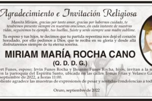 Agradecimiento e Invitación Religiosa: Miriam María Rocha Cano